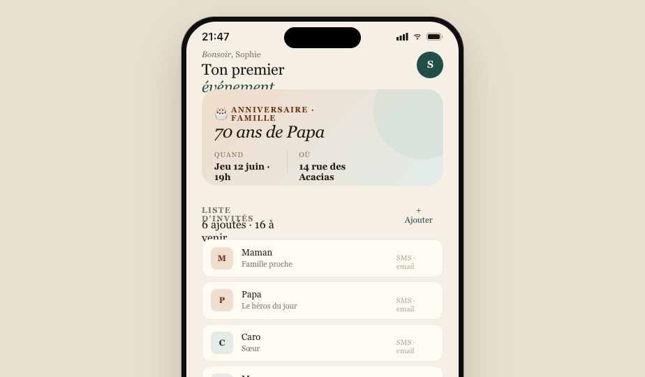 Tableau de bord d'un événement dans Plan My Life
