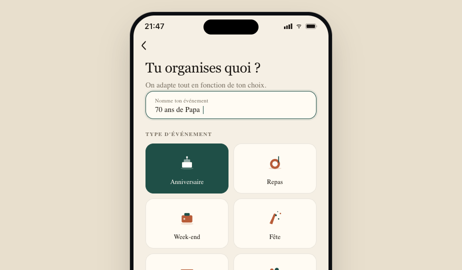 Écran de création d'événement de Plan My Life